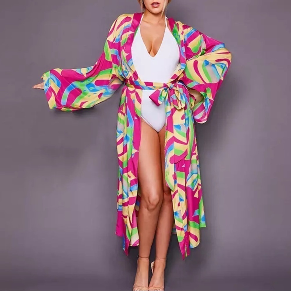 Bohemian Casual Long Kimono Duster Cardigan Lounging Beach Coverup
